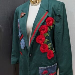 Custom Green Jacket with Red Rose Accents